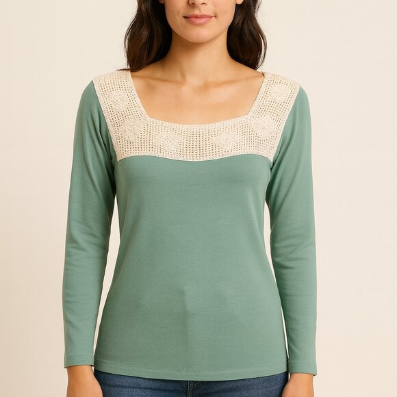 Anthropologie Tiny Green and Cream Crotchet Long-Sleeve Top - Size Extra Small - Picture 1 of 13